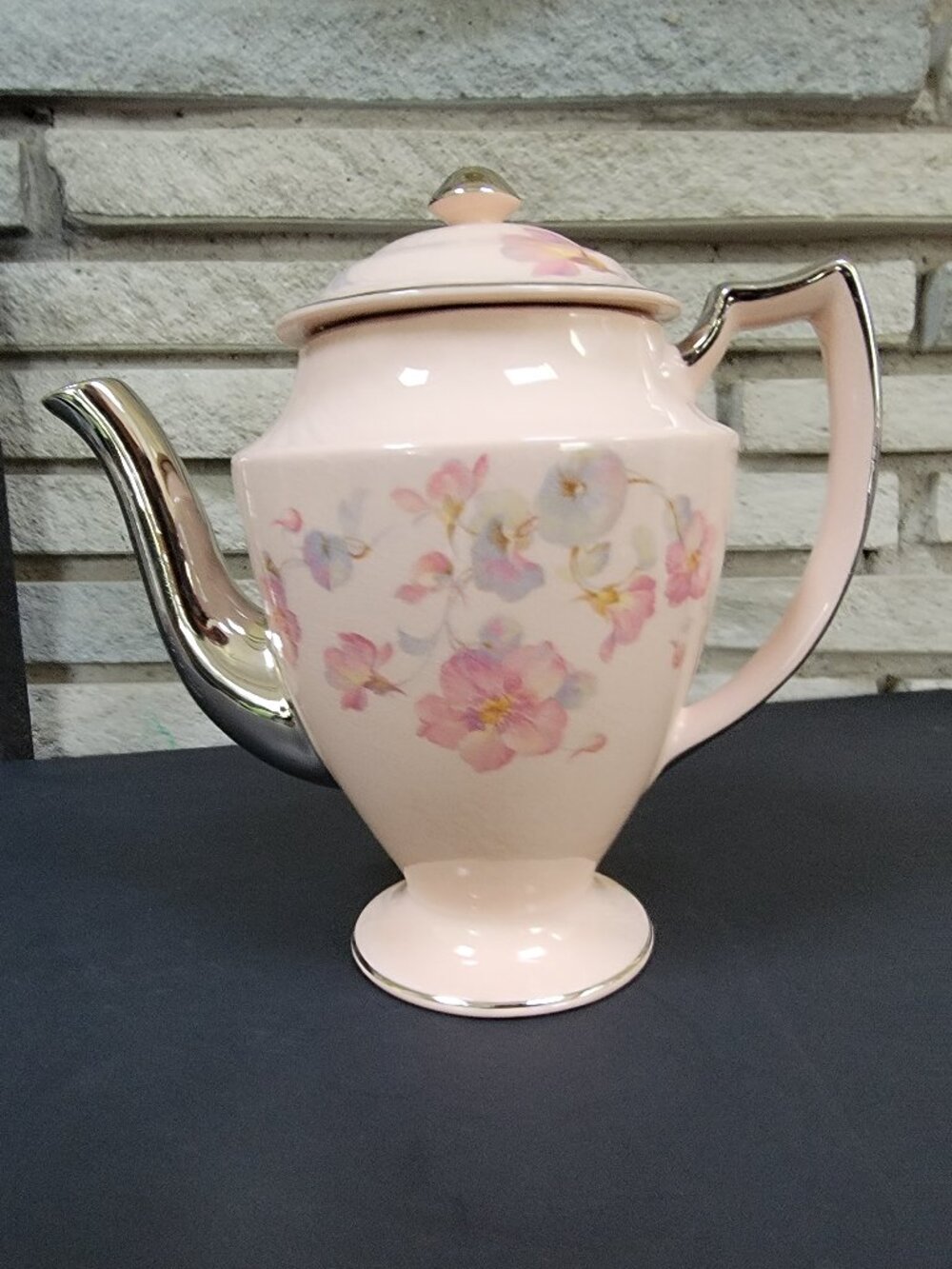 Vintage Glo Peche ware teapot/coffee pot by Limoges Ohio, Bel Clare pink silver